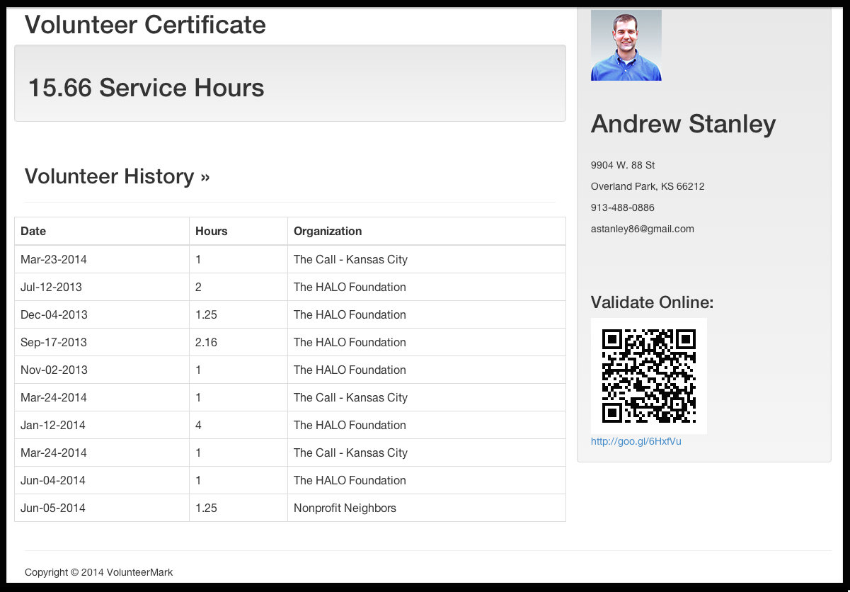 Log service hours - volunteer certificate